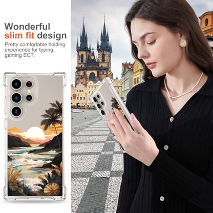 Hungo Galaxy S24 Ultra Case for Women Clear Design Cute,Girly Girls Case Compatible with Samsung Galaxy S24 Ultra Ocean Beach Mountain Sunset Sun Sea Palm Trees Clouds Hills Tropical - color: Beach Sunset