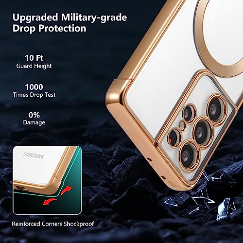 RALEAVO Magnetic Case for Samsung Galaxy S21 Ultra Clear Case Cover [Compatible with Magsafe & Military Grade Drop Protection] Transparent Shockproof Slim Plated Phone Case - Gold - color: Gold, size: S21 Ultra