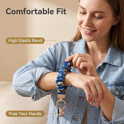 Blue Floral Scrunchie Wristlet Keychain– Tarnish-Resistant Key Ring - color: Green