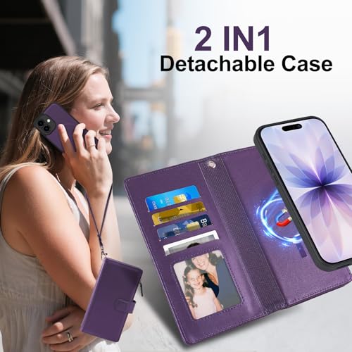 Magnetic Case for iPhone 16 Pro Wallet Compatible with Magsafe RFID Blocking Card Holder Detachable Phone Cover Kickstand Snap Strap Zipper Pocket PU Leather 6.3 inch 2024 (Purple) - color: Purple, size: iPhone 16 Pro