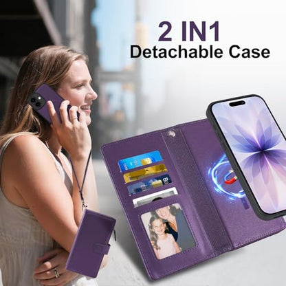 Magnetic Case for iPhone 16 Pro Wallet Compatible with Magsafe RFID Blocking Card Holder Detachable Phone Cover Kickstand Snap Strap Zipper Pocket PU Leather 6.3 inch 2024 (Purple) - color: Purple, size: iPhone 16 Pro
