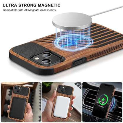 TENDLIN Magnetic Case Compatible with iPhone 14 Plus Case Wood Grain with Carbon Fiber Texture Design Leather Hybrid Slim Cover (Compatible with MagSafe) Hairline - color: Magnetic Hairline, size: iPhone 14 Plus