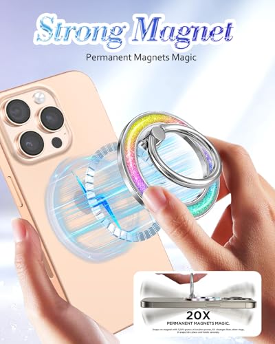 Phone Ring Holder Compatible with MagSafe - Magnetic Cell Phone Grip Women Glitter Magnet Removable Finger Ring Grip Stand Cute Girly Sparkle for iPhone 17 16 15 14 13 Pro Max Plus Air, Rainbow