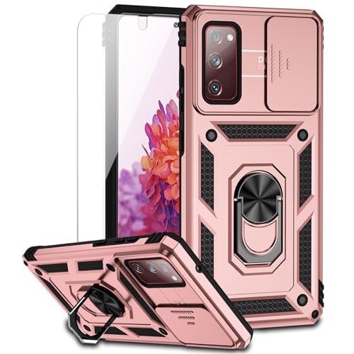 for Samsung Galaxy S20 FE 5G Case with Camera Lens Cover HD Screen Protector, Military-Grade Drop Tested Magnetic Ring Holder Kickstand Protective Phone Case for Samsung Galaxy S20 FE 5G (Rose Gold) - color: Rose Gold with camera cover Military-Grade 2nd