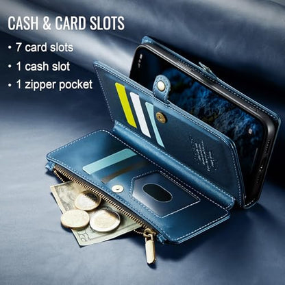 Defencase for iPhone 17E & 16E Wallet Phone Case with Card Holder, DarkBlue | Durable Soft PU Leather, with RFID Blocking Zipper Pocket, Strap, Magnetic Snap Flip Cases Cover with Stand for Women Men - color: Dark Blue