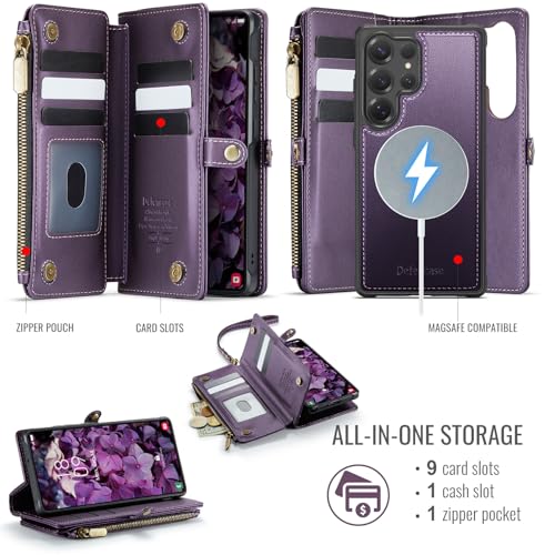Defencase for Galaxy S22 Ultra Case Wallet Compatible with Magsafe, Purple | Magnetic Detachable, RFID Bolcking Card Holder, Zipper Strap, PU Leather Drop-Proof Phone Cover for Samsung Galaxy S22 Ultra - color: (Detachable with Magsafe)-Purple