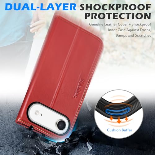 SHIELDON Genuine Leather Case Wallet for iPhone Air 6.5" 2025, Retro Red | Magnetic Closure, RFID Blocking, Credit Card Slot, Kickstand, Flip Book Design, Shockproof Phone Cover - color: Retro Red
