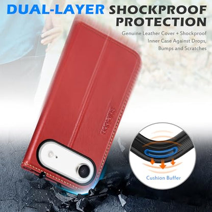 SHIELDON Genuine Leather Case Wallet for iPhone Air 6.5" 2025, Retro Red | Magnetic Closure, RFID Blocking, Credit Card Slot, Kickstand, Flip Book Design, Shockproof Phone Cover - color: Retro Red