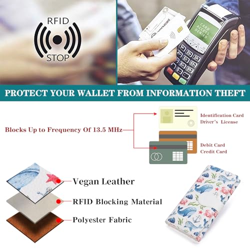 GOIACII Women's Wallet RFID Blocking Large Capacity Card Holder Ladies Phone Clutch Travel Long Purse Whale Print - color: Z02 Whale Print White