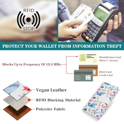 GOIACII Women's Wallet RFID Blocking Large Capacity Card Holder Ladies Phone Clutch Travel Long Purse Whale Print - color: Z02 Whale Print White