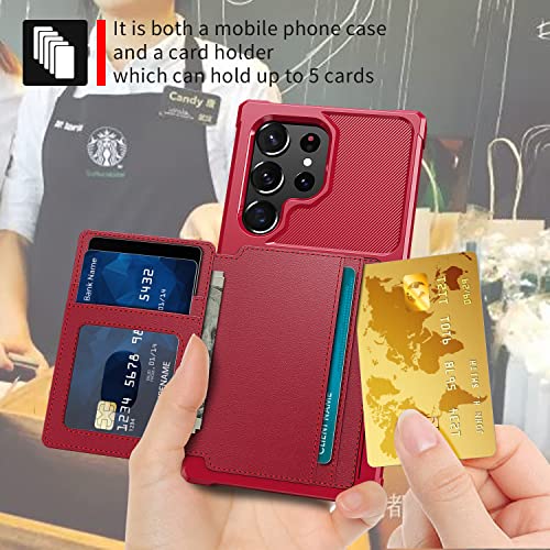for Samsung Galaxy S22 Ultra Case with Card Holder, Compatible with Magnetic Car Mount, Heavy Duty Shockproof Rugged Soft TPU Back Leather Flip Wallet Cover 6.8 inch, Red | Compatible with Magnetic Car Mount, Shockproof Rugged Soft TPU Hard Back Leather W