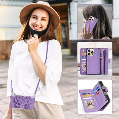 Asuwish Phone Case for iPhone 16 Pro 6.3 inch Zipper Wallet Magnetic Detachable Cell Cover with Tempered Glass Screen Protector Crossbody Strap Flower Card Holder Slot i Phone16 i16 16Pro Women Purple - color: Purple