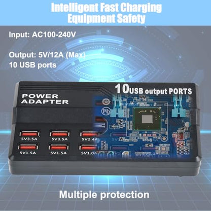 MaxLax USB Charging Station,10 Port 60W Multiple USB Charger Station,Multi Ports Charger Charging for Smartphones，Tablets，and Many Devices.