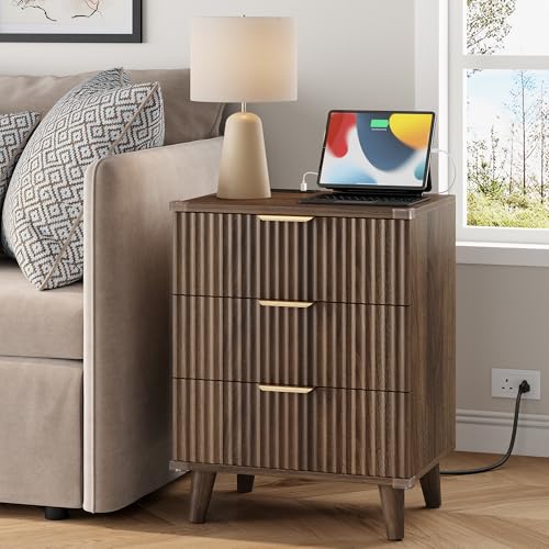 Wood Nightstands Set of 2 w/Charging Station, 3 Drawers Fluted Dresser - color: Walnut, size: 3 Drawers-Set of 2 Nightstand