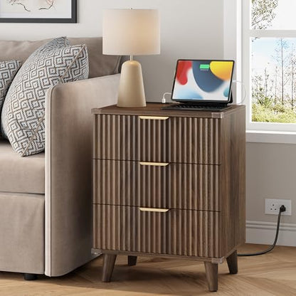 Wood Nightstands Set of 2 w/Charging Station, 3 Drawers Fluted Dresser - color: Walnut, size: 3 Drawers-Set of 2 Nightstand