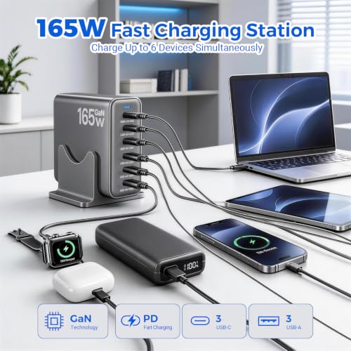 165W GaN Charging Station, 6-Port Desk Charging Station, Dark Gray - color: Dark Grey