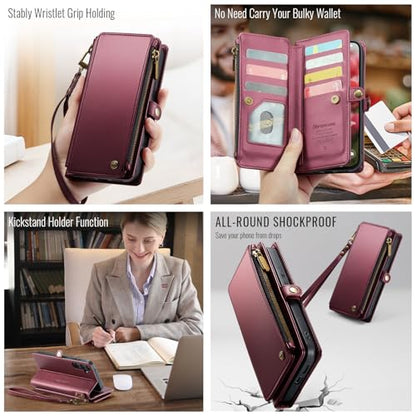 Defencase for Samsung Galaxy S26 Wallet Case with RFID Card Holder, WineRed | Durable Soft PU Leather, with Zipper Pocket, Wrist Strap, Fashion Snap Flip S26 Phone Cases Cover with Stand for Women Men - color: Wine Red