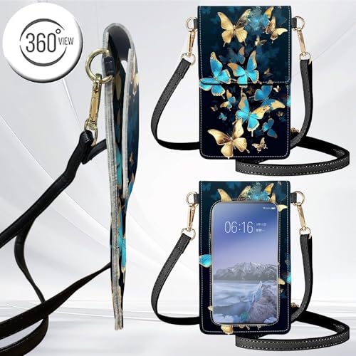 for Women Cell Phone Purse,with Touchscreen Cell Phone Purse,PU Leather Shoulder Bag Waterproof Phone Wallet Case with Clear Touch Screen Window up to 6.7 inch Smartphone, - color: Gold Blue Butterfly-119
