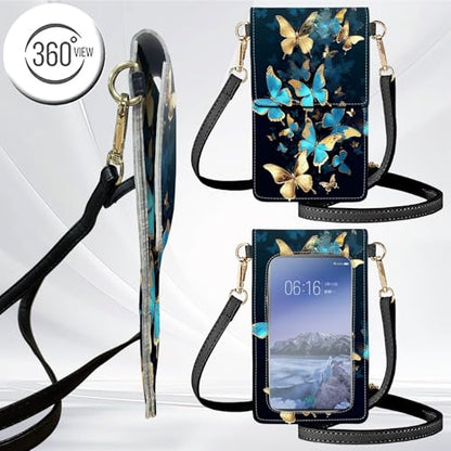 for Women Cell Phone Purse,with Touchscreen Cell Phone Purse,PU Leather Shoulder Bag Waterproof Phone Wallet Case with Clear Touch Screen Window up to 6.7 inch Smartphone, - color: Gold Blue Butterfly-119