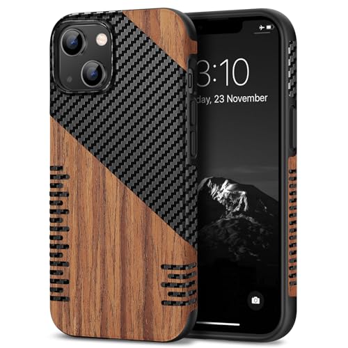 TENDLIN Compatible with iPhone 14 Case Wood Grain with Carbon Fiber Texture Design Leather Hybrid Slim Case (Twill) - color: Twill, size: iPhone 14