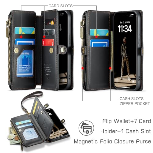 Defencase for iPhone 15 Wallet Case with RFID Blocking Card Holder, Black | Durable Soft PU Leather, with Zipper Pocket, Wrist Strap, Fashion Snap Flip Phone Cases Cover with Stand for Women and Men - color: Black