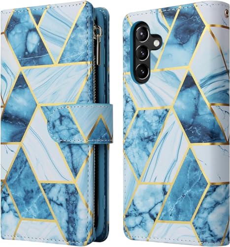 UEEBAI Wallet Case for Samsung Galaxy S24 Plus/S25 Plus 5G, PU Leather Wallet Magnetic Closure Handbag Zipper Pocket Cover Kickstand Card Slots with Hand Strap Marble Flip Case Women - Marble Blue - color: Marble Blue, size: Samsung Galaxy S24 Plus/S25 Pl