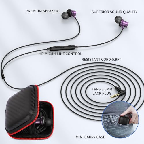 ASKUBSKU 3.5mm Headphones 5.9 ft Long Cord Wired Earbuds with Mic, Purple - color: Purple