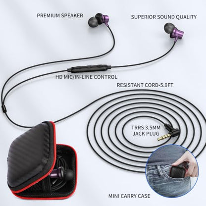 ASKUBSKU 3.5mm Headphones 5.9 ft Long Cord Wired Earbuds with Mic, Purple - color: Purple