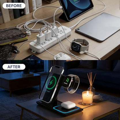 3 in 1 Portable Wireless Fast Charger for Apple & Android, Wireless Charging Station for iPhone17 16 15 14 13 12, Apple Watch & Air pods 4 3 2 Pro, Samsung Galaxy, Black - color: Black