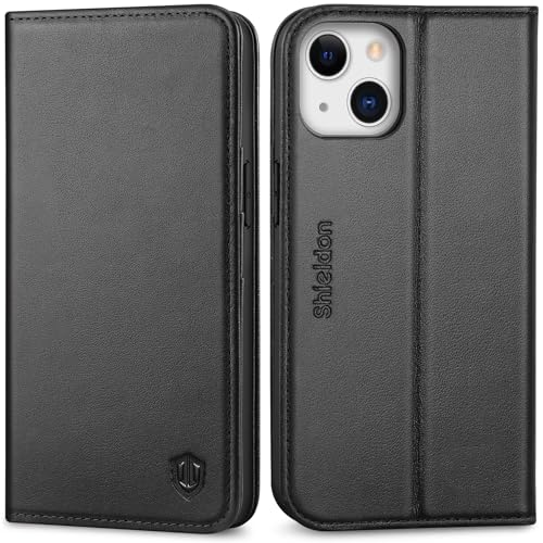 SHIELDON Genuine Leather Folio Wallet Case for iPhone 13 6.1" 2021, Black | Magnetic Closure, RFID Blocking, Credit Card Holder, Kickstand, Book Design, Shockproof Phone Cover - color: Black