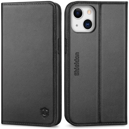 SHIELDON Genuine Leather Folio Wallet Case for iPhone 13 6.1" 2021, Black | Magnetic Closure, RFID Blocking, Credit Card Holder, Kickstand, Book Design, Shockproof Phone Cover - color: Black