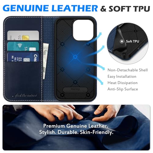 SHIELDON Genuine Leather Wallet Case for iPhone 16 Pro Max, Retro Dark Blue | RFID Blocking, Credit Card Holder, Magnetic Closure, Kickstand, Folio Design, Soft Shock-Absorbent Phone Cover - color: Retro Dark Blue