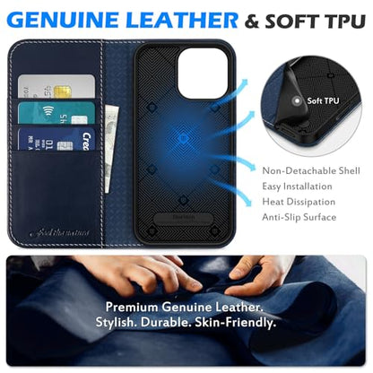 SHIELDON Genuine Leather Wallet Case for iPhone 16 Pro Max, Retro Dark Blue | RFID Blocking, Credit Card Holder, Magnetic Closure, Kickstand, Folio Design, Soft Shock-Absorbent Phone Cover - color: Retro Dark Blue