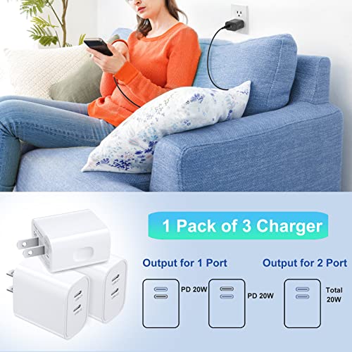 USB C Fast Charger Block, 3 Pack 20W Dual Port USB C Charging Block Brick - color: White