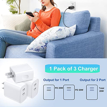 USB C Fast Charger Block, 3 Pack 20W Dual Port USB C Charging Block Brick - color: White