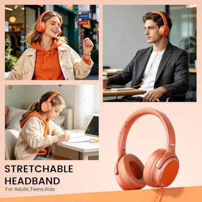 USB C Wired Over-Ear Headphones with Microphone - color: Orange