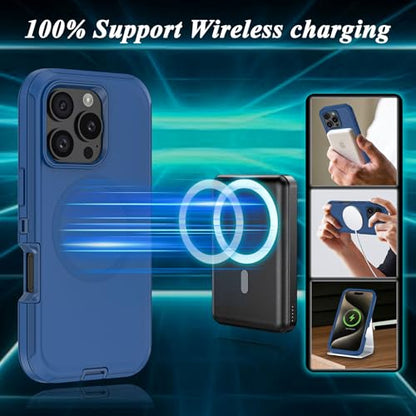 Compatible with iPhone 16 Pro Max Case, with Belt Clip Holster Heavy Duty Magnetic Wireless Charging Full Body Protection Kickstand Cover for iPhone 16 Pro Max 6.9 inch Phone (Navy Blue) - color: Navy Blue
