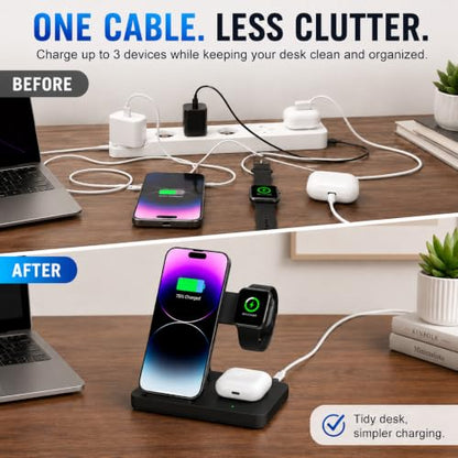 3 in 1 Charging Station,Wireless Charger Stand Multiple Devices for iPhone 17-8 Series,Apple Watch 11-2 SE and Ultra Series, Airpods 4 3 Pro