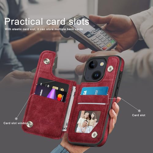DJDUCK Designed for iPhone 15 Case Wallet with Card Holder, [Magnetic Clasp Cover] [RFID Blocking Leather Protection] Shockproof Women Men Cases 6.1 Inch for Apple 15 Red - color: Red