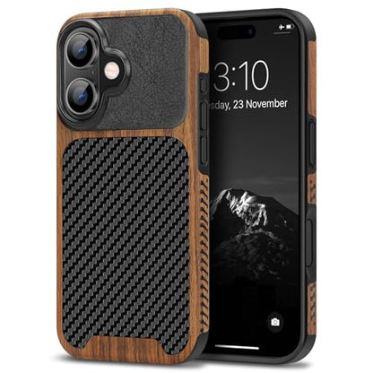 TENDLIN Compatible with iPhone 16 Phone Case Wood Grain with Carbon Fiber Texture Design Leather Hybrid Slim Case (Black) - color: Black, size: iPhone 16