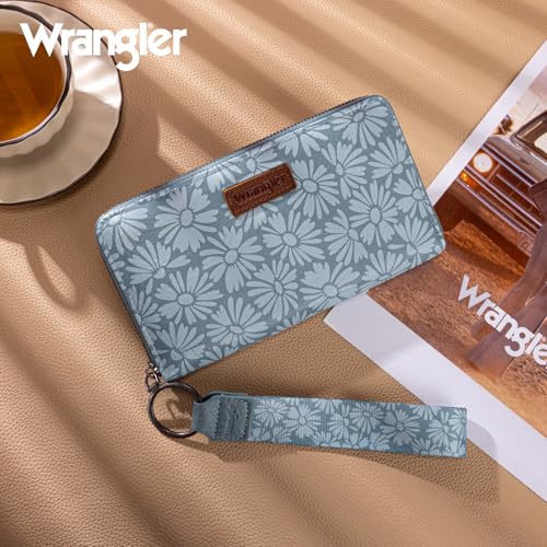 Wrangler Womens Daisy Wallet Large Wallets for Women Bifold Wallets, Card Cases & Money Organizers Ladies Female Wallet with RFID Lining and ID Window - color: Solid Daisy-Blue