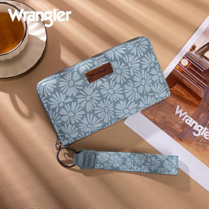 Wrangler Womens Daisy Wallet Large Wallets for Women Bifold Wallets, Card Cases & Money Organizers Ladies Female Wallet with RFID Lining and ID Window - color: Solid Daisy-Blue
