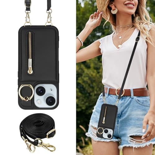 Crossbody Wallet Case for iPhone 11 with Lanyard Strap Card Slot Holder RFID Blocking Ring Kickstand,Magnetic Flip Folio Zipper Purse Case, PU Leather Cover Handbag,Black - color: Black, size: iPhone 11(6.1")