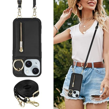 Crossbody Wallet Case for iPhone 11, with Card Slots Zipper Pocket Case, Flip Folio Purse RFID Blocking with Ring Kickstand Detachable Strap-Black - color: Black, size: iPhone 11(6.1")