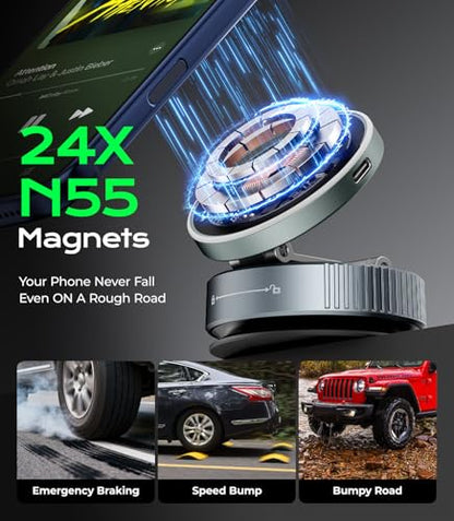 Meifigno for MagSafe Car Mount Charger, 15W Wireless Charger Stand with Vacuum Suction Cup, Magnetic Phone Holder for Car, for iPhone 17 Pro Max 16-12 & Android, 360°Adjustable & Foldable Phone Stand