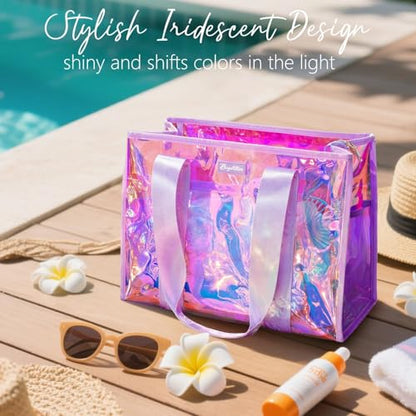 Bagstellar Iridescent Beach Bag, Jelly Tote Bag with Phone Pouch Makeup Bag | Large Beach Bags Waterproof Sandproof, Zipper Beach Tote Clear Pool Swim Boat Bag for Women Summer Travel Cruise Essentials - color: Magenta