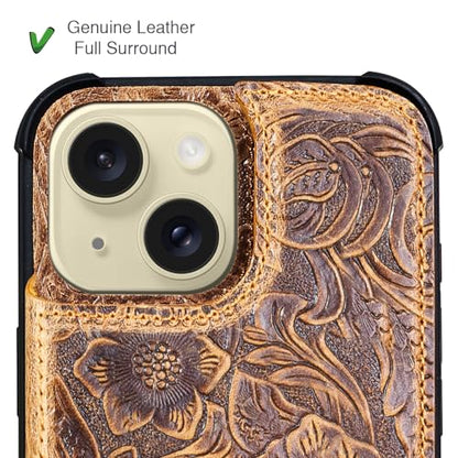 Wallet Real Leather Case Compatible with iPhone 15 6.1" Brown | Genuine Leather,Shockproof,Anti-Fall Case,Flip Cover,with Card Slot,Double Magnetic Buckle,Kickstand,RFID Blocking Brown - color: Brown, size: 6.1"-15