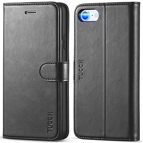 TUCCH Wallet Case for iPhone SE 2022/ iPhone 7/8/iPhone SE 2020 4.7", Black | 3 Card Holders, Kickstand, PU Leather, Shockproof TPU Shell, Magnetic Closure, Protective Folio Cover - color: Black