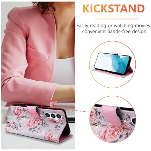 UEEBAI Wallet Case for Samsung Galaxy S23 5G, PU Leather Phone Case Kickstand RFID Blocking Flip Case with Card Slots Wrist Strap Relief Engraved Pattern Magnetic Closure Folio Case - Purple Rose - color: Purple Rose, size: Samsung Galaxy S23 5G