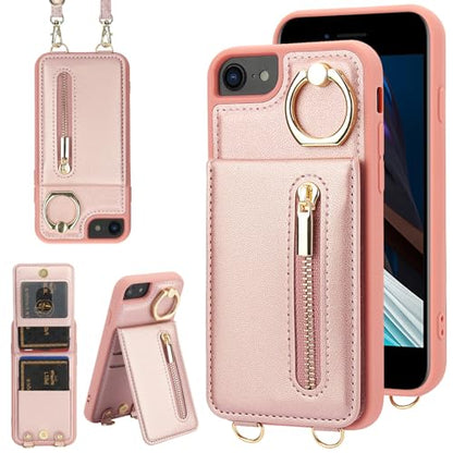 Crossbody Wallet Case for iPhone 7/8/SE 2020/SE 2022, Pink | Card Slots, Zipper Pocket, Flip Folio Purse, RFID Blocking, Ring Kickstand with Detachable Strap - color: Pink, size: iPhone 7/8/SE 2020/SE 2022 (4.7")